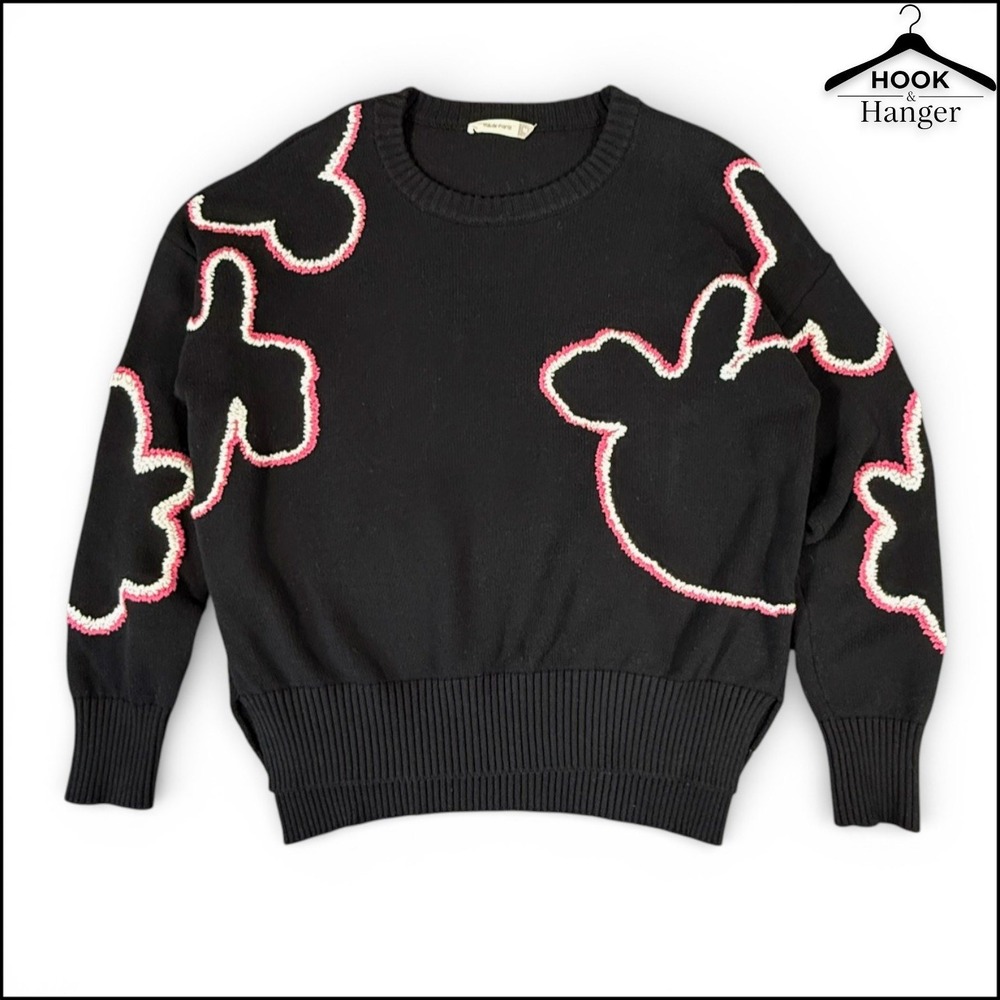 Maude Vivante Tess‎ Pullover Sweater M Black Pink Embroidered Cotton Bold Artsy